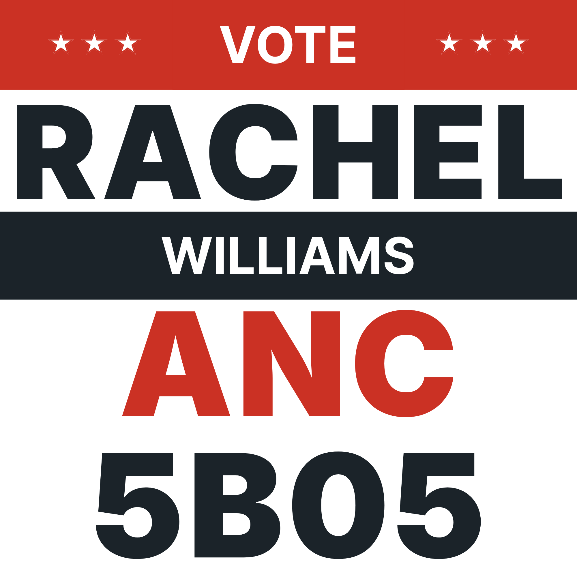 Vote Rachel Williams for Advisory Neighborhood Commissioner (ANC) SMD 5B05 red, white, and blue logo