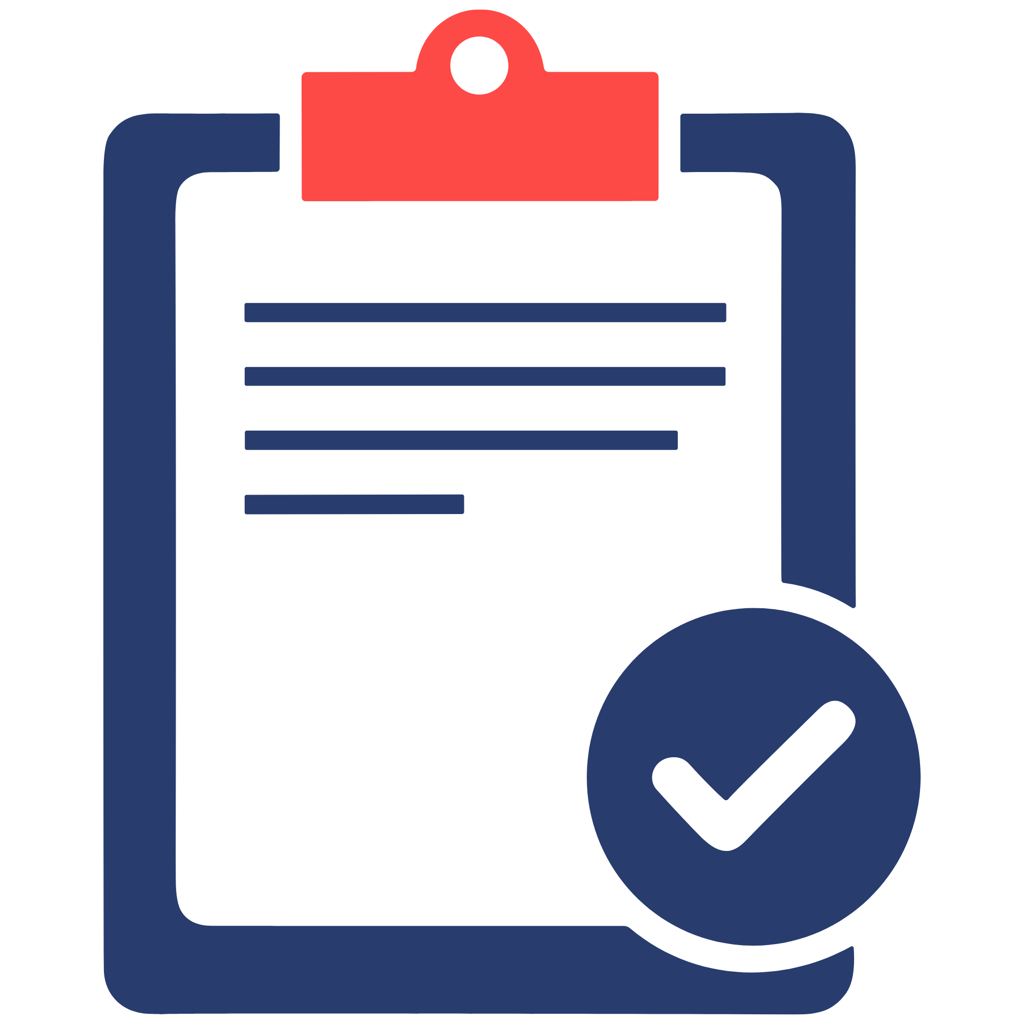 Red white and blue clipboard graphic with check mark.
