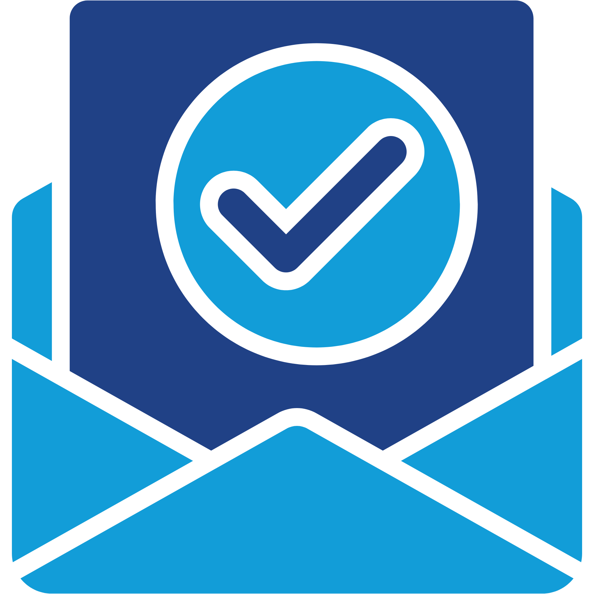 Vote by Mail light blue envelope with dark blue voter ballot with check mark inserted
